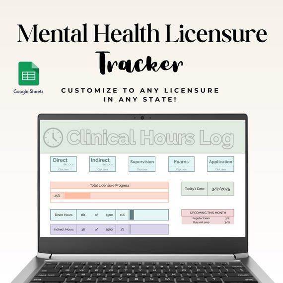 Therapist Licensure and Internship Tracker, Digital Hours Log, Google Sheets Template for Clinical Supervision & Therapy, Direct Hours Log