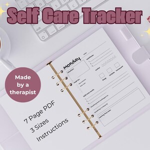 May include: A white self-care tracker with a gold spiral binding. The tracker has a section for Monday with headings for "Intention", "Mood", "Self-Care Goals", "Something that challenged me", "Something I'm proud of", "Learning this week", "Attitude", "Water", "Sleep", "Outside Movement".