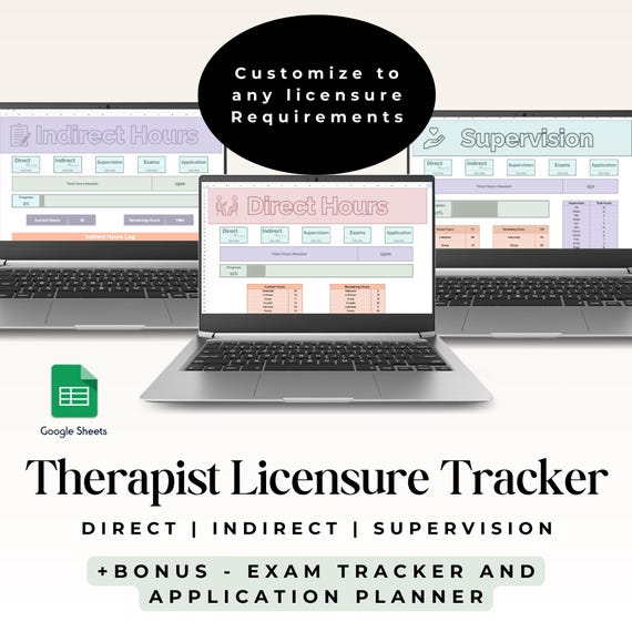 Therapist Licensure and Internship Tracker, Digital Hours Log, Google Sheets Template for Clinical Supervision & Therapy, Direct Hours Log