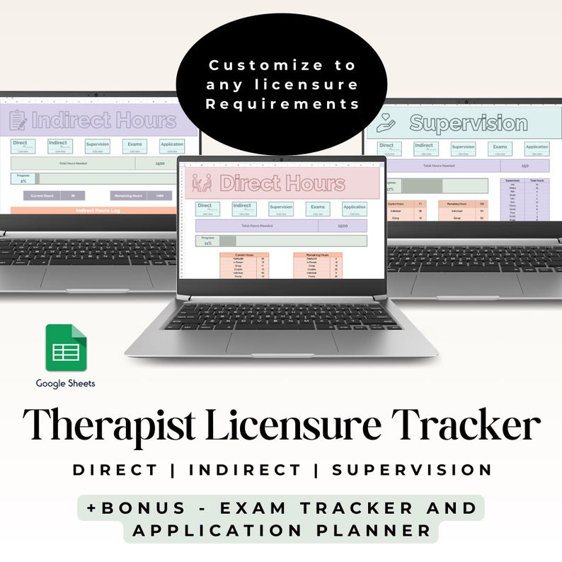 May include: Three laptop screens displaying a Google Sheets spreadsheet template for therapist licensure tracking. The spreadsheet includes sections for direct, indirect, and supervision hours. The text on the screen reads "Therapist Licensure Tracker" and "Direct | Indirect | Supervision".