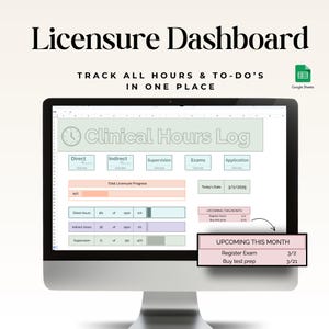 May include: A computer screen displaying a spreadsheet with a green and white colour scheme. The spreadsheet is titled "Clinical Hours Log" and includes sections for "Direct", "Indirect", "Supervision", "Exams", and "Application". The spreadsheet also includes a section for "Total Licensure Progress" and a section for "Upcoming This Month".