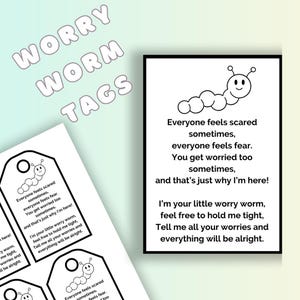 Etiquetas y tarjetas de regalo imprimibles con forma de gusano de la preocupación: proyecto de crochet complementario / Blanco y negro, salud mental, alivio de la ansiedad, habilidades de afrontamiento para niños