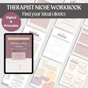 Puede incluir: Un libro de trabajo digital rosa y blanco titulado "Therapist Niche Workbook: Find Your Ideal Clients" con una guía para terapeutas para encontrar a sus clientes ideales y construir su cartera de clientes de ensueño.