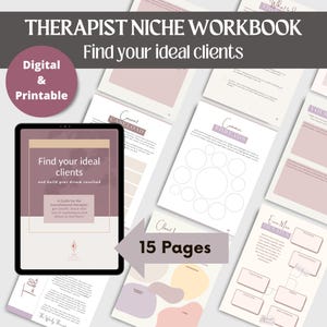Puede incluir: Un cuaderno de trabajo digital e imprimible para terapeutas, titulado "Find your ideal clients". El cuaderno, con 15 páginas, se muestra en una tableta y páginas abiertas. La portada del cuaderno es de color marrón claro.