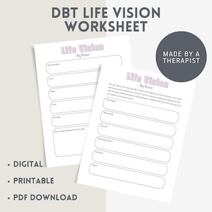 Hoja de trabajo de visión de vida de DBT / Hoja de trabajo de terapia imprimible, habilidades de afrontamiento de DBT, hojas de trabajo de TLP, distorsiones cognitivas, libro de trabajo de habilidades de DBT