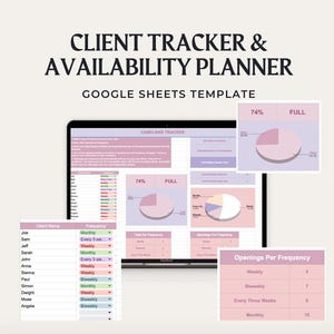 Op de afbeelding: Een Google Sheets-sjabloon voor een klantentracker en beschikbaarheidsplanner. Het sjabloon bevat een klantenlijst, een kalender en een grafiek die het percentage beschikbare tijdsloten weergeeft. Het sjabloon is ontworpen om bedrijven te helpen bij het beheren van hun klantafspraken en planning.
