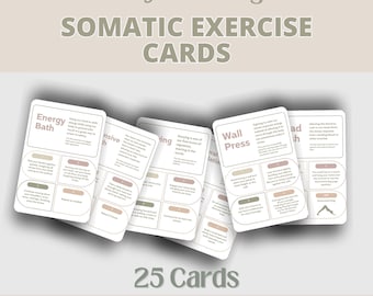 Pode incluir: Um conjunto de 25 cartões imprimíveis com instruções para exercícios somáticos para ajudar a regular o sistema nervoso. Os cartões apresentam um fundo castanho claro com texto branco e ilustrações. O texto nos cartões inclui "Nervous System Regulation", "Somatic Exercise Cards", "Energy Bath", "Wall Press", "25 Cards" e "Instant Download".