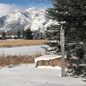 May include: A snowy winter scene with a house in the distance and a wooden sign with the number 6654 on it. The sign is in front of a snow-covered evergreen tree.