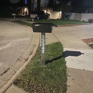 43" Tall Custom Steel Mailbox Post + Address Sign, Solar Powered LED lighted.