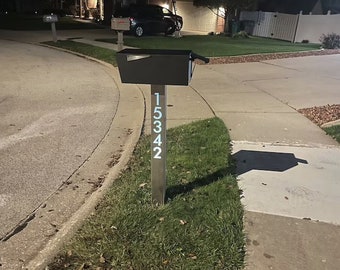 43" Tall Custom Steel Mailbox Post + Address Sign, Solar Powered LED lighted.