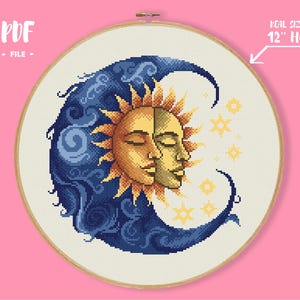 Celestial Moon Cross Stitch Pattern, Sun and Moon Embroidery, Medieval Style Needlepoint, Traditional Primitive Sampler, Astrology Xstitch