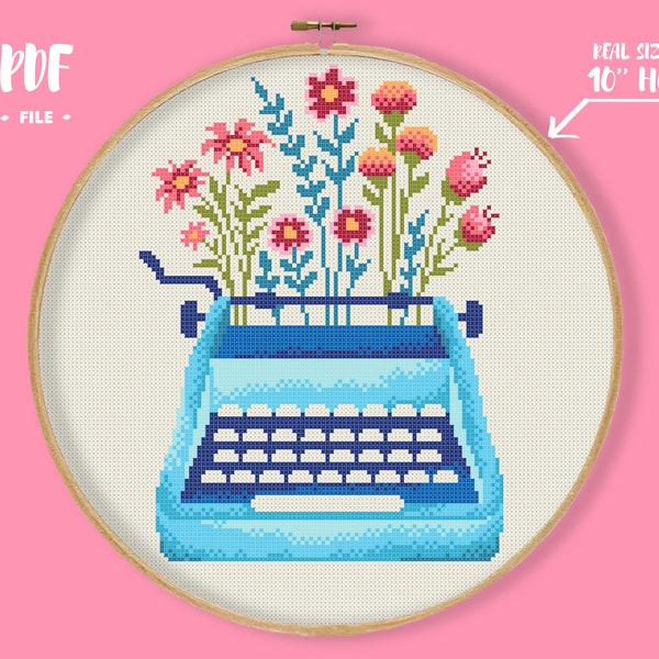 Floral Typewriter Cross Stitch Pattern, Turquoise Blue Keyboard, Floral Embroidery, Pastel Needlepoint, Modern Creative Writer Xstich