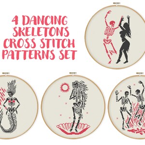 May include: Set of four cross stitch patterns featuring dancing skeletons. The patterns include a skeleton couple dancing, a skeleton mermaid, a skeleton in a seashell, and three skeletons dancing around a fire.