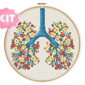 Borduurpakket bloemen longen, bloemen anatomie borduurwerk, naaldpunt menselijk lichaam, bloemen in longen, Breath Nature xstitch-kaart