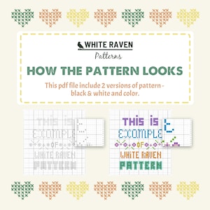 May include: A digital cross-stitch pattern design by White Raven Patterns. The image shows examples of the pattern, with text that reads "HOW THE PATTERN LOOKS" and "THIS IS EXAMPLE". The design includes two versions: black & white and color.