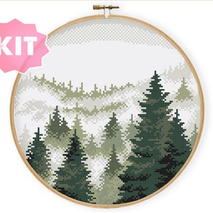 Round Green Foggy Forest Cross Stitch Kit, Forest Embroidery, Nature Moody Rainy Needlepoint, Landscape Xstitch Diy National Park