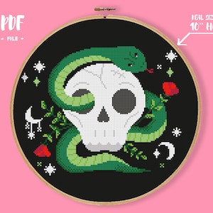 Snake and Skull Cross Stitch Pattern, Gothic Embroidery, Halloween Needlepoint, Spooky Goth Crafts, Serpant Green Totem Animal