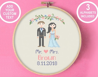 Wedding Bride and Groom Cross Stitch Pattern, Anniversary embroidery gift, personalized names present, hoop art marriage, wedding record