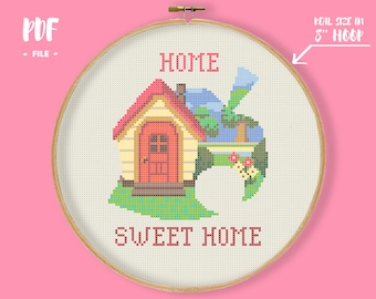 Home Sweet Home Cross Stitch Pattern, Geek 8Bit Game Embroidery, home island house leaf shape, Gamer Present geeky housewarming present