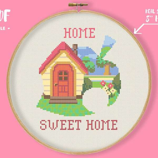 Home Sweet Home Cross Stitch Pattern, Geek 8Bit Game Embroidery, home island house leaf shape, Gamer Present geeky housewarming present