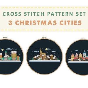 Set 3 Noël Villes Cross Stitch Pattern, Seasonal Greatings Embroidery Winter New Year, Cute Little Town Santa Xstitch, Village Snow diy