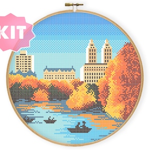 Autumn in NY Cross Stitch Kit, New York Embroidery, Big Apple City Landscape, Lake boats Central Park Manhatten Xstitch Modern