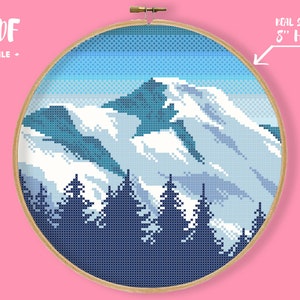Verschneite Bergspitze Kreuzstichmuster, Wald Stickerei, Winter Dekor, Natur Nadelspitze, Blaue Berge Bäume Weihnachten Schnee Chart