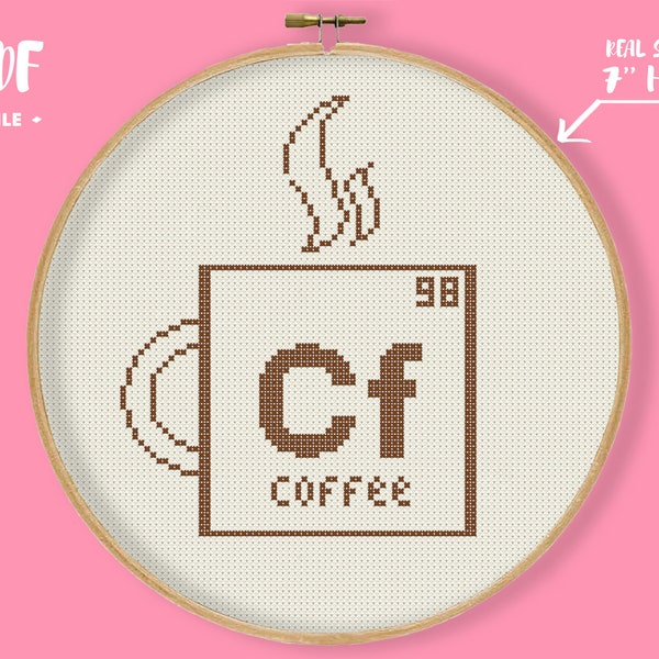 Coffee 98 Cross Stitch Pattern, Physics Periodic Elements Table Embroidery, Coffee Lover Scientist Needlepoint, Simple Monohrome Xstitch