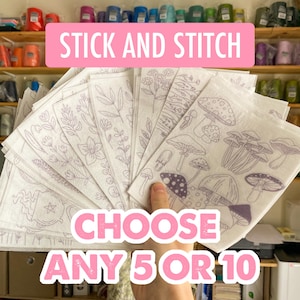Stick And Stitch Set Of 5 or 10, Water soluble Embroidery Transfers, Peel and Stick Washaway Embroidery, Clothes Decor Stabilizer Dissolve