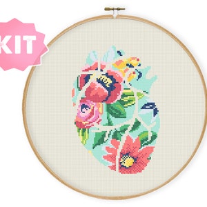 Kit de point de croix coeur fleur Silhouette, organe du corps humain, broderie d'anatomie, médecin présente des travaux d'aiguille en sciences médicales anatomiques
