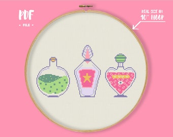 Magic Potions Cross Stitch Pattern, Love Elixir Embroidery, Witch Brewing Needlepoint, Pastel Goth Xstitch  DIY Craft Chart, Halloween Decor
