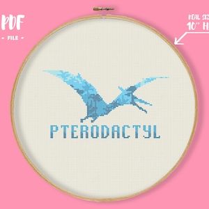 Pterodactyl Cross Stitch Pattern, Flying Blue Dinosaur, Prehistorical Bird Embroidery, The Lost World Isla Nublar Nursery Colourful Dinos