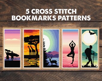 5 Nature Silhouettes  Bookmark  Cross Stitch Patterns, set of bookmarks embroidery, present for reading geek, library decor reader book worm