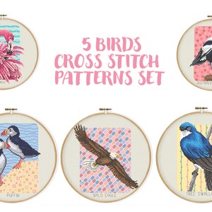 Set 5 Birds Cross Stitch Pattern, Cute Realistic Bird Embroidery Animal Ornithology Needlepoint Colorful Background Xstitch Bird Puffin