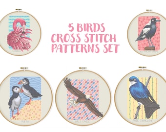 Set med 5 fåglar korsstygnsmönster, söt realistisk fågelbroderi djur ornitologi nålspets färgglad bakgrund Xstitch fågel lunnefågel