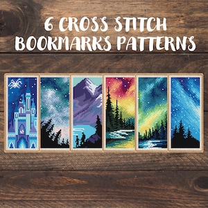 May include: Six cross-stitch bookmark patterns are shown, each with a different landscape scene. The bookmarks depict a castle, starry skies, mountains, and forests. The text "6 Cross Stitch Bookmarks Patterns" is at the top.