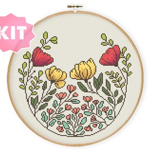 Flowers in Circle Cross Stitch Kit, Floral Botanical Embroidery, flowers Decoration Needlework, Floral Wreath Xstitch