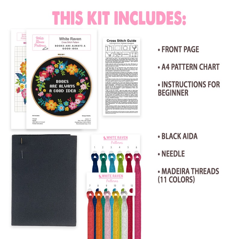 Puede incluir: Kit de punto de cruz con tela Aida negra, aguja, 11 colores de hilos Madeira e instrucciones para un dise&ntilde;o de bordado floral que dice "Los libros siempre son una buena idea".