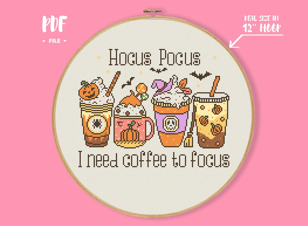 Coffee to Focus Cross Stitch Pattern, Orange Pumpkin Creepy Spooky ...