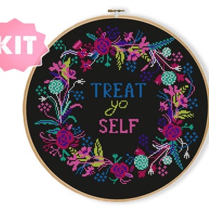 Treat Yourself Cross Stitch Kit, Parks Quote Embroidery, Floral Wreath Needlepoint, Dark BG Embroidery, Funny TV Show Quote