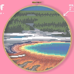 May include: Cross stitch pattern of a colorful landscape with a blue lake, green trees, and a white sky. The pattern is designed to fit in an 8-inch hoop. PDF file.