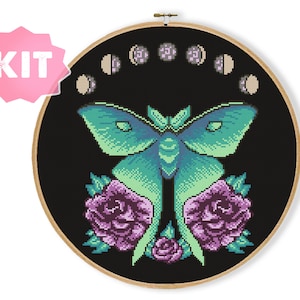 Night Moth Cross Stitch Kit, Full Moon Embroidery Violet Rose Flowers Needlepoint Witchy Dark Subversive Cult Ritual stitch Midnight