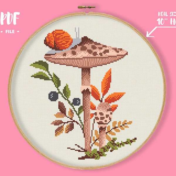 Mushroom with Snail Cross Stitch Pattern, Autumn Orange Brown Embroidery, Nature Forest Scene Needlepoint, Floral Mycology Xstitch Diy