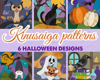 6 Halloween Kinusaiga Patterns Set -Owl Ghost Bat Pumpkin Cat Crow No Sew Fabric Quilt - Scrap Fabric Craft - Textile Mosaic Collage