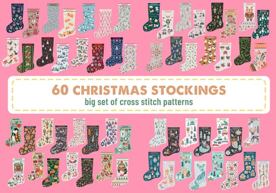 All 60 Christmas Stocking Set Cross Stitch Pattern, Santa Christmas Tree Embroidery DIY, Stockings customizable name Xstitch Sampler Winter