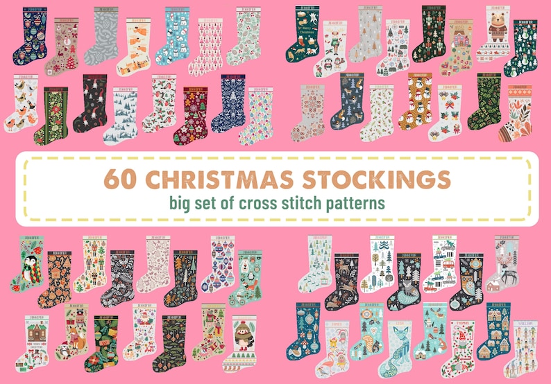 Op de afbeelding: Een collectie van 60 kerstsokken met diverse kruissteekpatronen in verschillende kleuren en ontwerpen. De afbeelding bevat de tekst 60 CHRISTMAS STOCKINGS big set of cross stitch patterns op een lichtroze achtergrond.