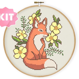Bloemen Fox borduurpakket, herfst Foxy-borduurwerk, gele madeliefje borduurpatroon, bos dier xstitch patroon, leuk doe-het-zelf-project