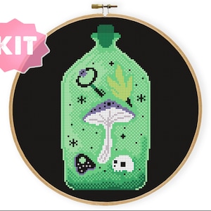 Green Witchy Jar Cross Stitch Kit, Poison Mushroom Skulll Embroidery, Withy Gothic Halloween Decor, Goth Occult Coven Needlework Witch