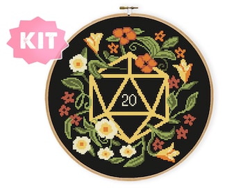 Dice Cross Stitch Kit, 20 Side Game Dice, Role-play Embroidery, Flowery Needlepoint, Cute Flowers Geek Nerdy Xstitch, Gamer present Play