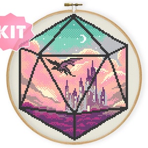 Korsstygnskit med drakslott och tärningar, DdD-broderi, nördig nålsöm, nördig gör-det-själv-väggdekor, rollspelsinspirerad Xstitch-mytologi